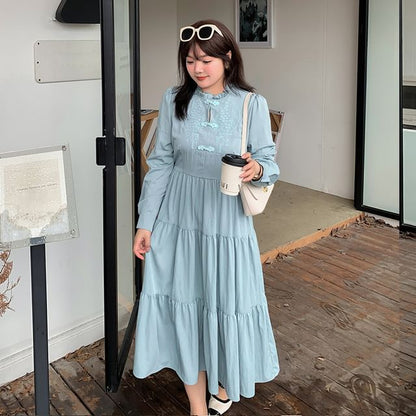 Plus Size Long-Sleeve Mandarin Collar Floral Embroidered Tiered Midi A-Line Dress