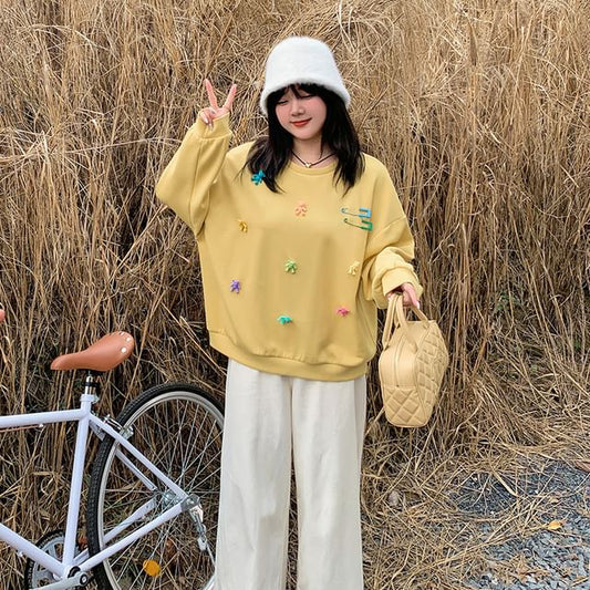 Plus Size Round Neck Bear Accent Sweatshirt