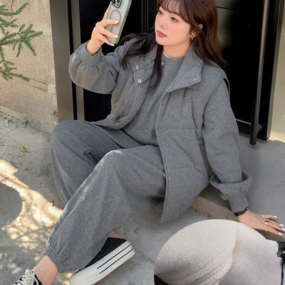 Plus Size Stand Collar Melange Padded Button Vest / Round Neck Pullover / Drawstring Waist Baggy Sweatpants