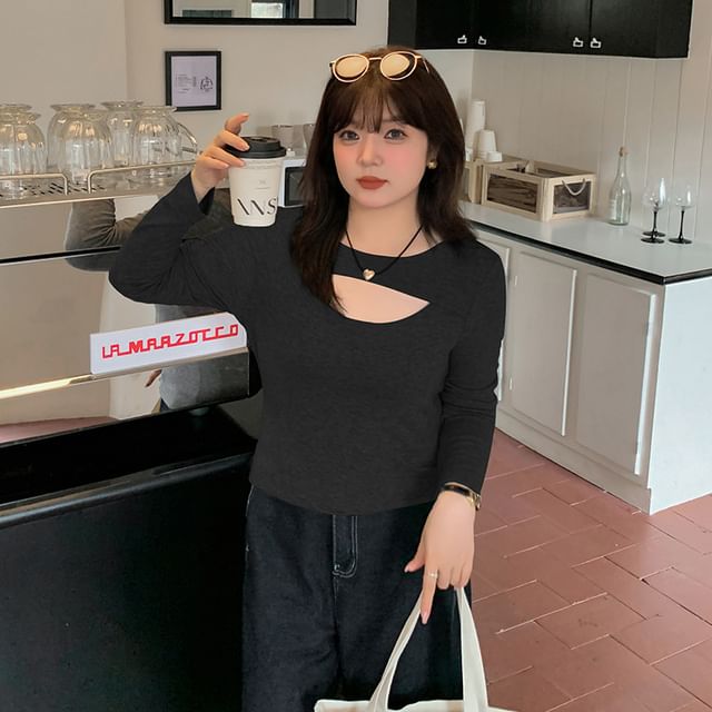 Plus Size Long-Sleeve Crew Neck Cutout Knit Top