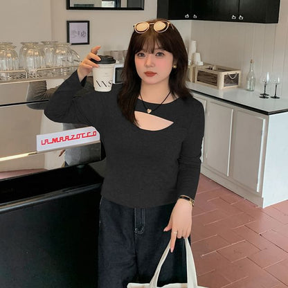 Plus Size Long-Sleeve Crew Neck Cutout Knit Top