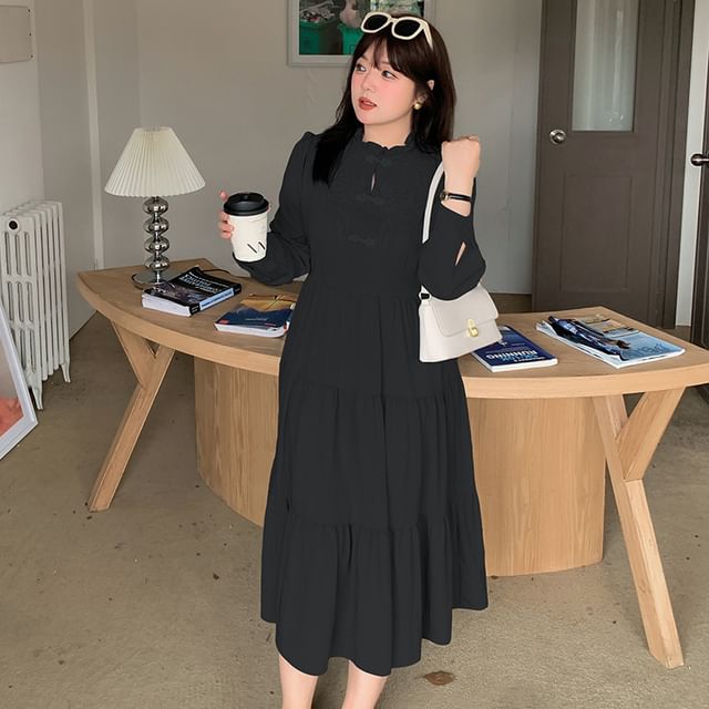 Plus Size Long-Sleeve Mandarin Collar Floral Embroidered Tiered Midi A-Line Dress