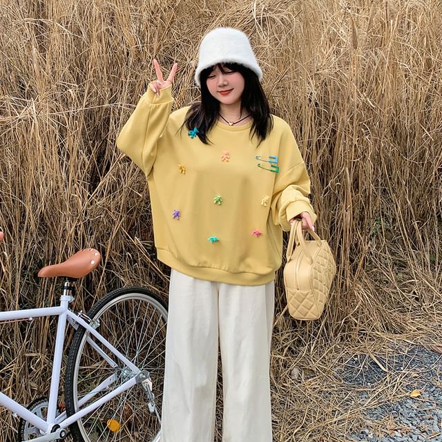 Plus Size Round Neck Bear Accent Sweatshirt