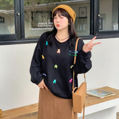 Plus Size Round Neck Bear Accent Sweatshirt