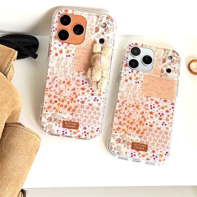 Floral Panel Phone Case / 3D Rabbit Adhesive Decoration / Set
