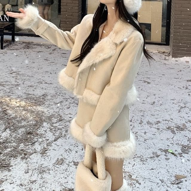 Set: Faux Fur Button-Up Jacket + Pencil Skirt