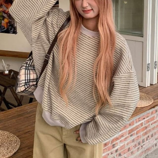 Striped Round-Collar Pullover with Extended Sleeves