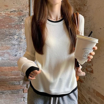 Two-Tone Crewneck Faux Layer Extended Sleeve Tee