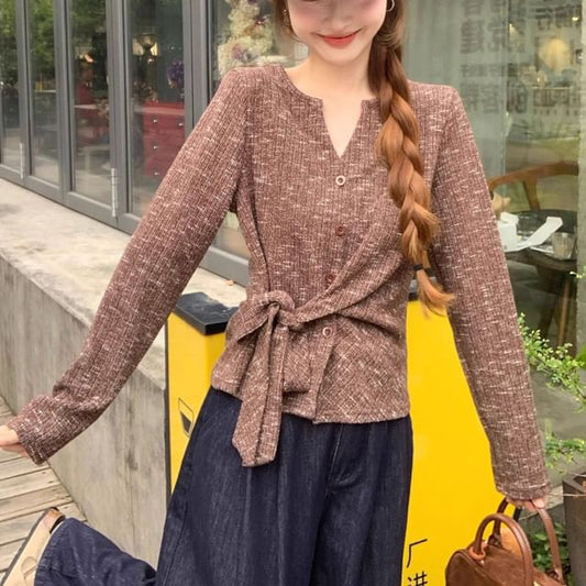 Tie-Side Melange V-Neck Extended Sleeve Knit Top