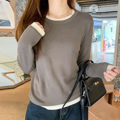 Two-Tone Crewneck Faux Layer Extended Sleeve Tee
