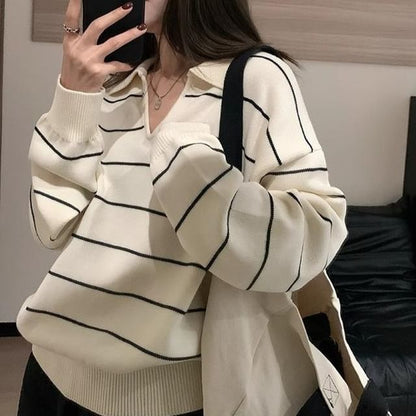 Striped Knit Extended Sleeve Polo Collar Shirt
