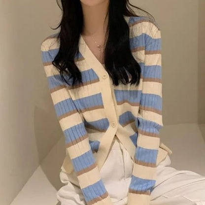 V-Neck Striped Ribbed Button-Up Cardigan