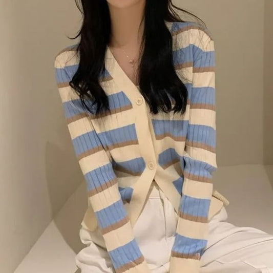 V-Neck Striped Ribbed Button-Up Cardigan