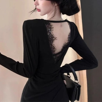 Open Back Lace Asymmetric V-Neck Extended Sleeve Top