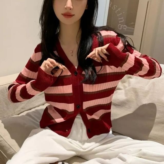 V-Neck Striped Ribbed Button-Up Cardigan