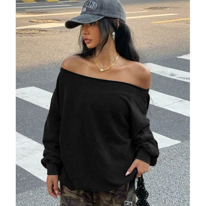 Off-Shoulder Plain Loose Fit Extended Sleeve Sweatshirt