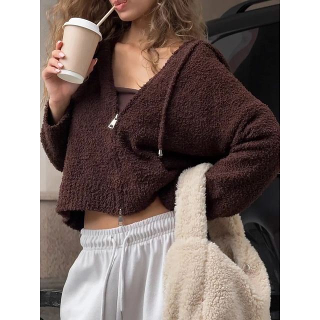 Long Sleeve Plain Furry Cropped Zip-Up Hooded Jacket