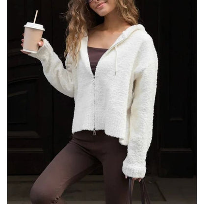 Long Sleeve Plain Furry Cropped Zip-Up Hooded Jacket