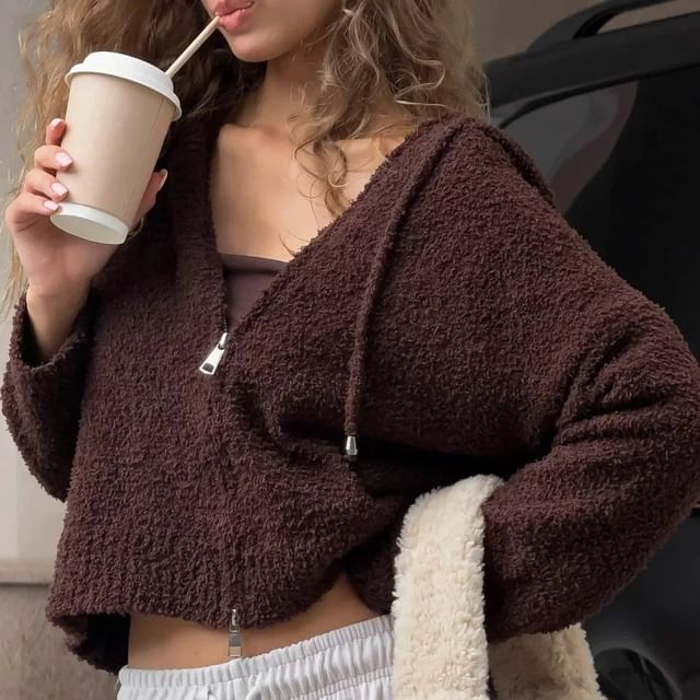 Long Sleeve Plain Furry Cropped Zip-Up Hooded Jacket