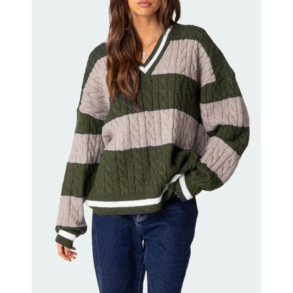 Contrast Trim Striped Cable Knit Loose V-Neck Sweater