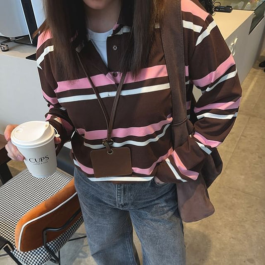 Striped Loose Fit Extended Sleeve Polo Sweatshirt
