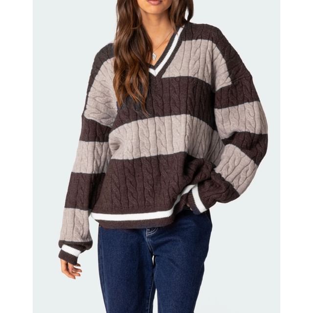 Contrast Trim Striped Cable Knit Loose V-Neck Sweater