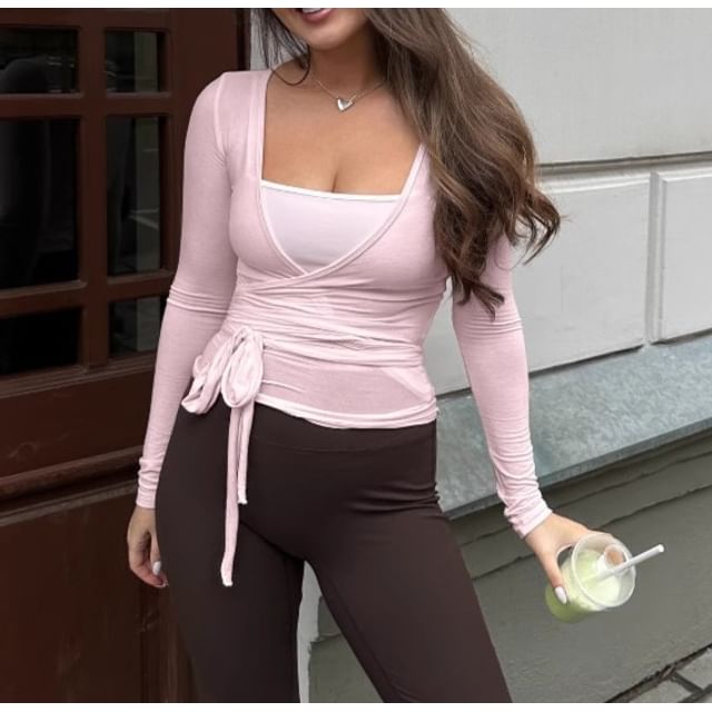 Tie-Waist Plain V-Neck Slim Extended Sleeve T-Shirt