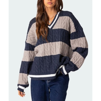 Contrast Trim Striped Cable Knit Loose V-Neck Sweater