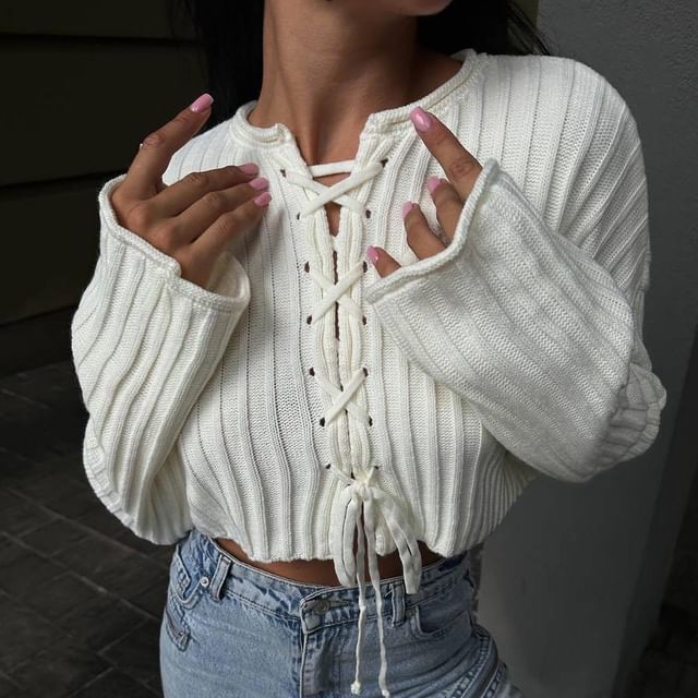Cropped Ribbed Sweater with Lace-Up Detail and Long Sleeves