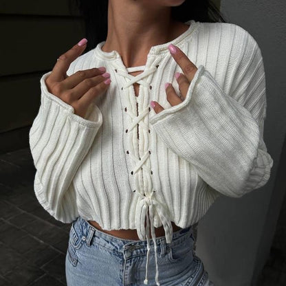 Cropped Ribbed Sweater with Lace-Up Detail and Long Sleeves