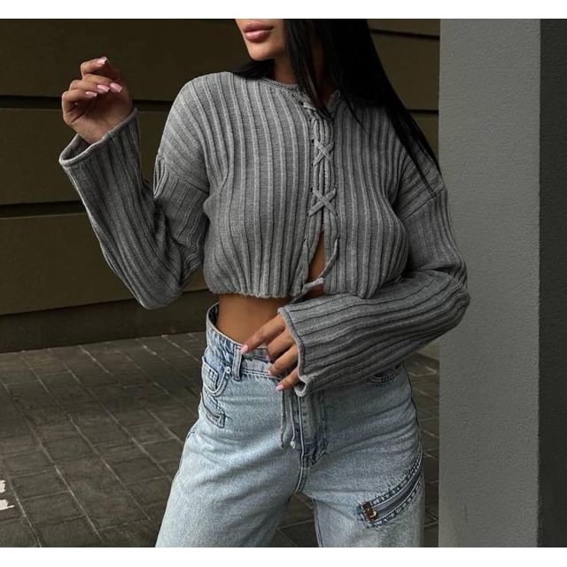 Cropped Ribbed Sweater with Lace-Up Detail and Long Sleeves
