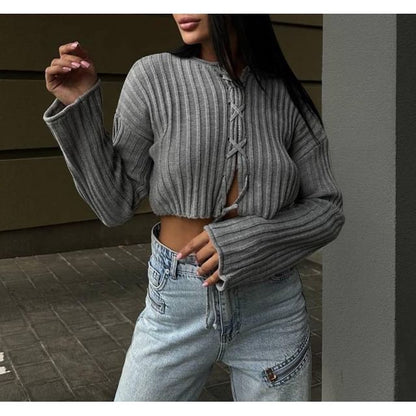 Cropped Ribbed Sweater with Lace-Up Detail and Long Sleeves