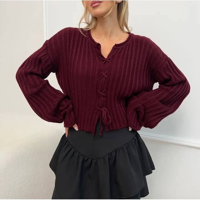 Cropped Ribbed Sweater with Lace-Up Detail and Long Sleeves