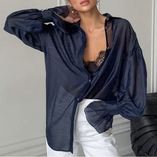 Airy Loose Sheer Blouse with Puff Sleeves and V-Cut Neckline