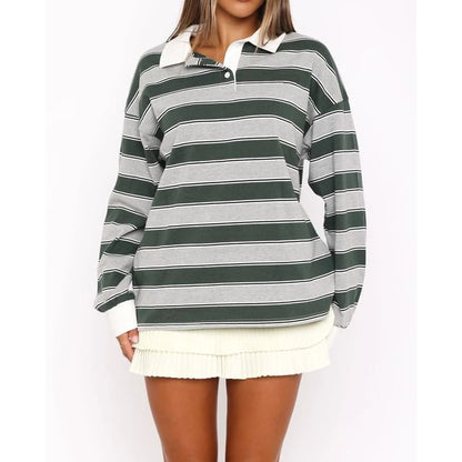Striped Loose Sweatshirt with Collar and Long Sleeves