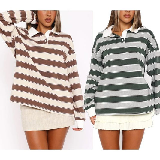 Striped Loose Sweatshirt with Collar and Long Sleeves