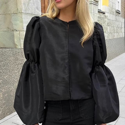 Puff Sleeve Satin Plain Loose Fit Blouse
