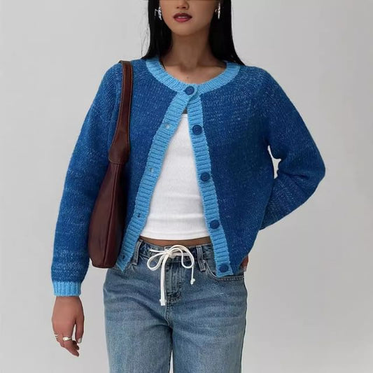Long Sleeve Crew Neck Contrast-Trim Loose-Fit Cardigan