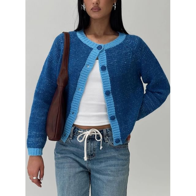 Long Sleeve Crew Neck Contrast-Trim Loose-Fit Cardigan