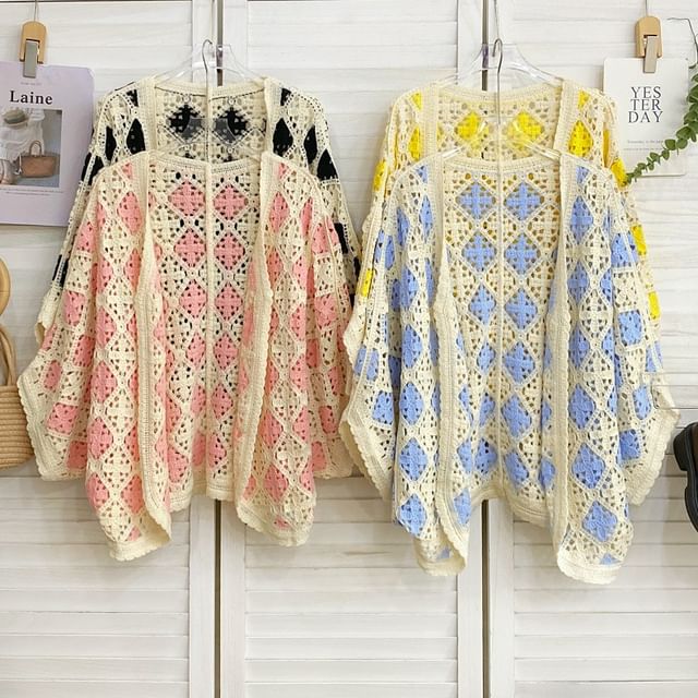 Batwing-Sleeve Argyle Print Open Front Cardigan