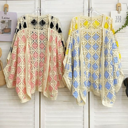 Batwing-Sleeve Argyle Print Open Front Cardigan