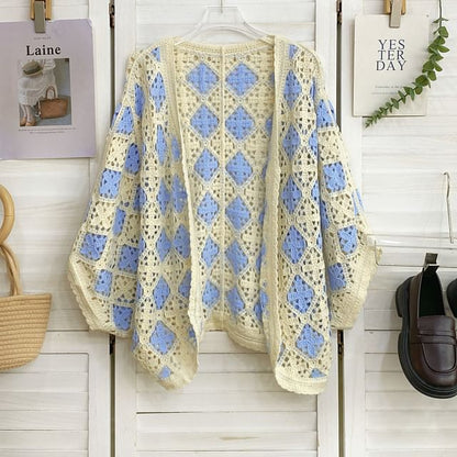 Batwing-Sleeve Argyle Print Open Front Cardigan