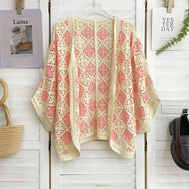 Batwing-Sleeve Argyle Print Open Front Cardigan
