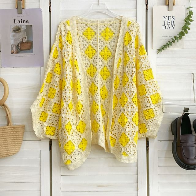 Batwing-Sleeve Argyle Print Open Front Cardigan