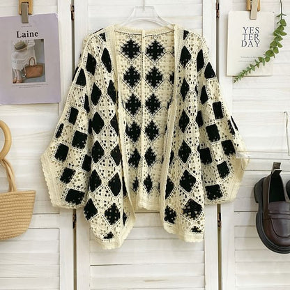 Batwing-Sleeve Argyle Print Open Front Cardigan