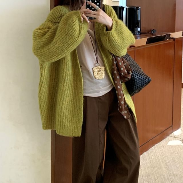 Balloon Sleeve V-Neck Plain Cardigan