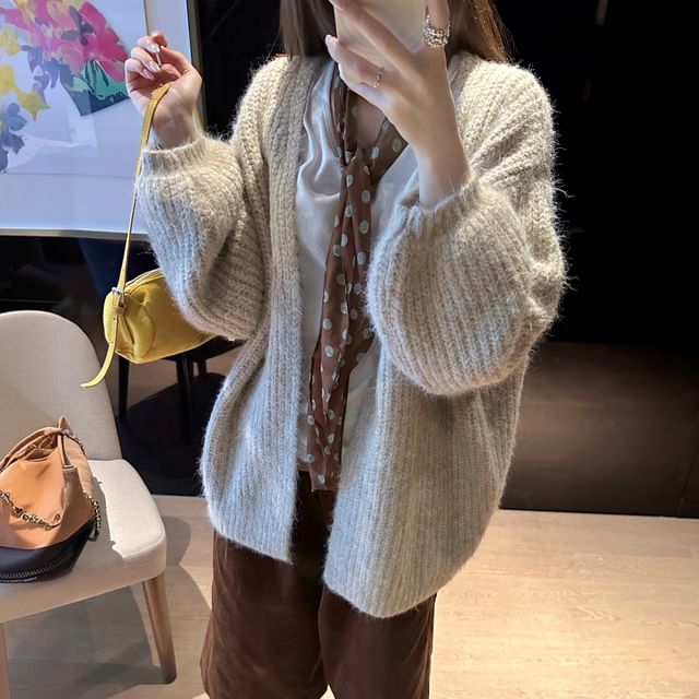 Balloon Sleeve V-Neck Plain Cardigan