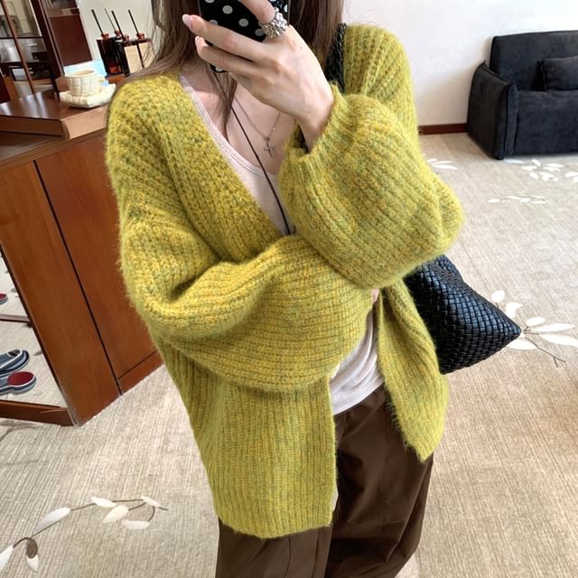 Balloon Sleeve V-Neck Plain Cardigan