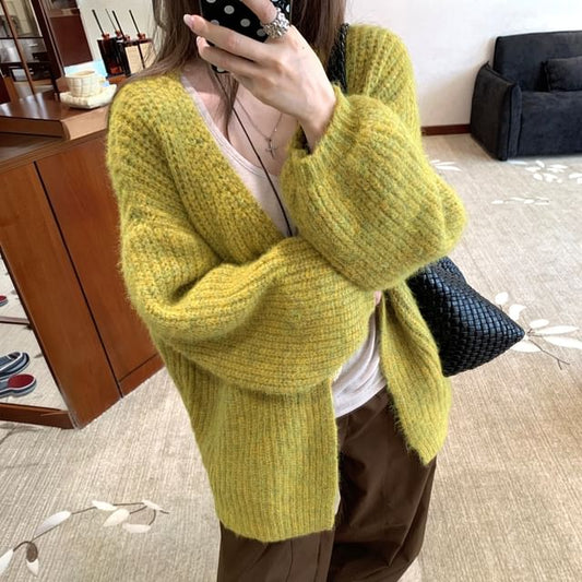 Balloon Sleeve V-Neck Plain Cardigan