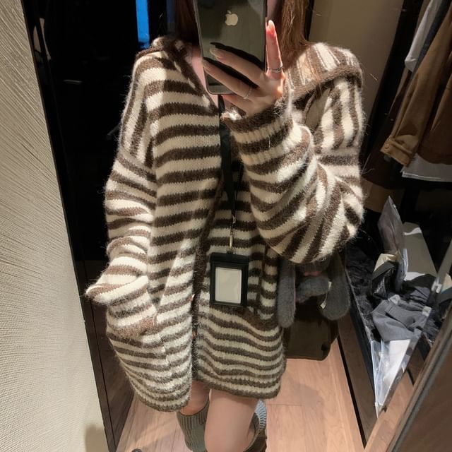 Hooded Striped Button Up Cardigan